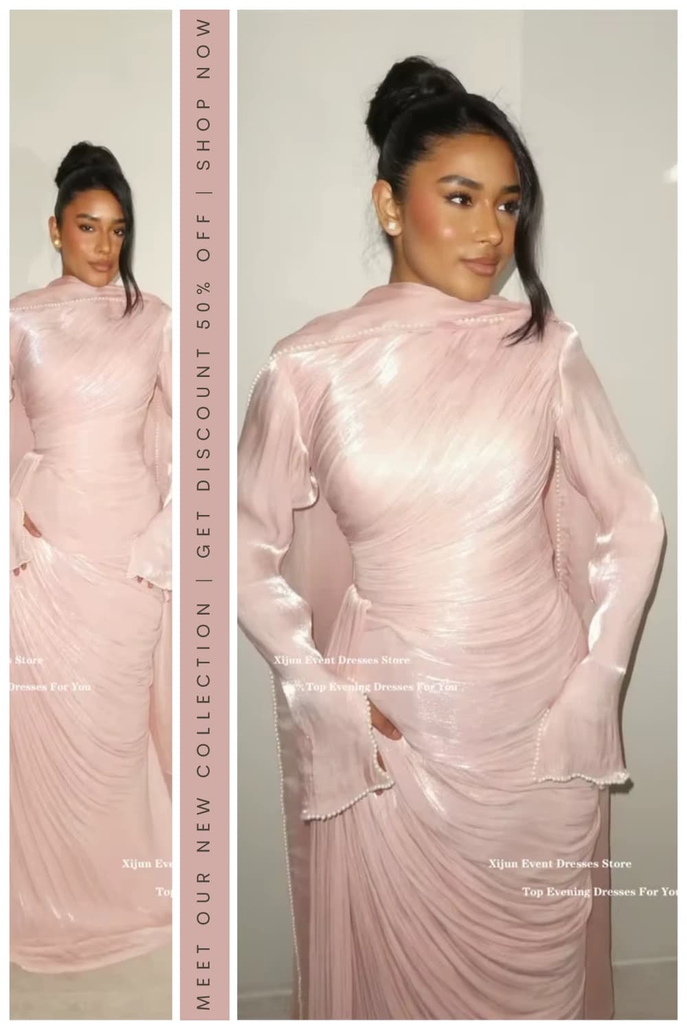 Xijun Modest Pink Long Evening Dress